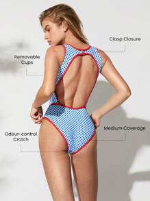 GLOWMODE Glow With The Flow Quick Dry Chlorine Resistant High Neck Back Cutout Removable Cups Colorblock Trim Full Coverage One Piece Swimsuit Swimming Beach Pool Vacation Resort Travel Summer Wear