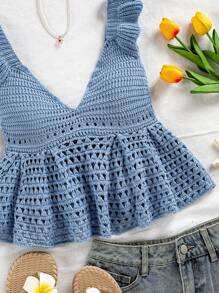 Soleia Women Solid Color Hollow Out Knitwear With Back Tie