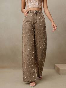 SHEIN X Jwoww Anewsta 女士棕色高腰串珠直筒宽松阔腿裤，时尚百搭，适合春夏、情人节、派对、节日、优雅场合、假日和度假穿着。 - 棕色 - 查看 3