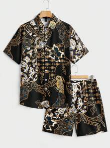Manfinity VCAY 2pcs Men's Geometric Digital Print Short Sleeve Shirt And Shorts Set, Stylish Casual - Multicolor - View 2