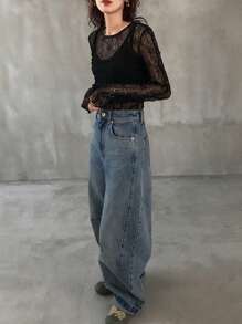 FRIFUL Women's Fitted Lace Blouse, Round Neck Long Sleeve Sheer Textural Fabric, Casual Versatile For Holidays, Beach - Black - View 2