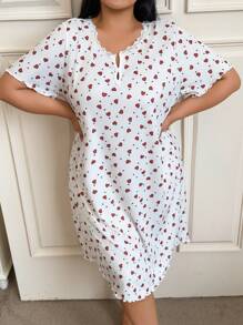 SHEIN 加大码短袖睡袍，罗纹针织心形印花，蕾丝花边，可爱 - 白色 - 查看 3