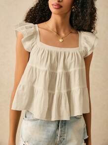 SHEIN Frenchy Women Square Neck Flounce Hem Short Cap Sleeve Blouse White Babydoll Top Square Neck Top Ruffled Top Summer - Beige - View 3