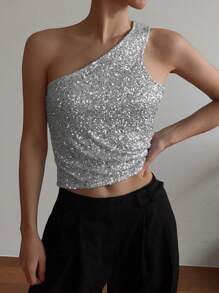 Strévra 女士不对称领亮片上衣，适合派对、聚会、外出、新年闪亮嘉年华等场合 - 銀色 - 查看 7