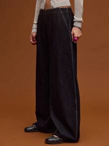 COUREZ Calça Denim Cintura Baixa Ajuste Médio Balão/Y2K/Casual/Algodão/Looks de Verão para Mulheres Algodão Vintage - Lavagem escura - Visão 3