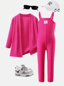2 Pcs/Set Setelan Anak Perempuan Kreatif Lucu Kasual Warna Polos Cardigan Mantel Panjang + Celana Jumpsuit - Hot Pink - View 1