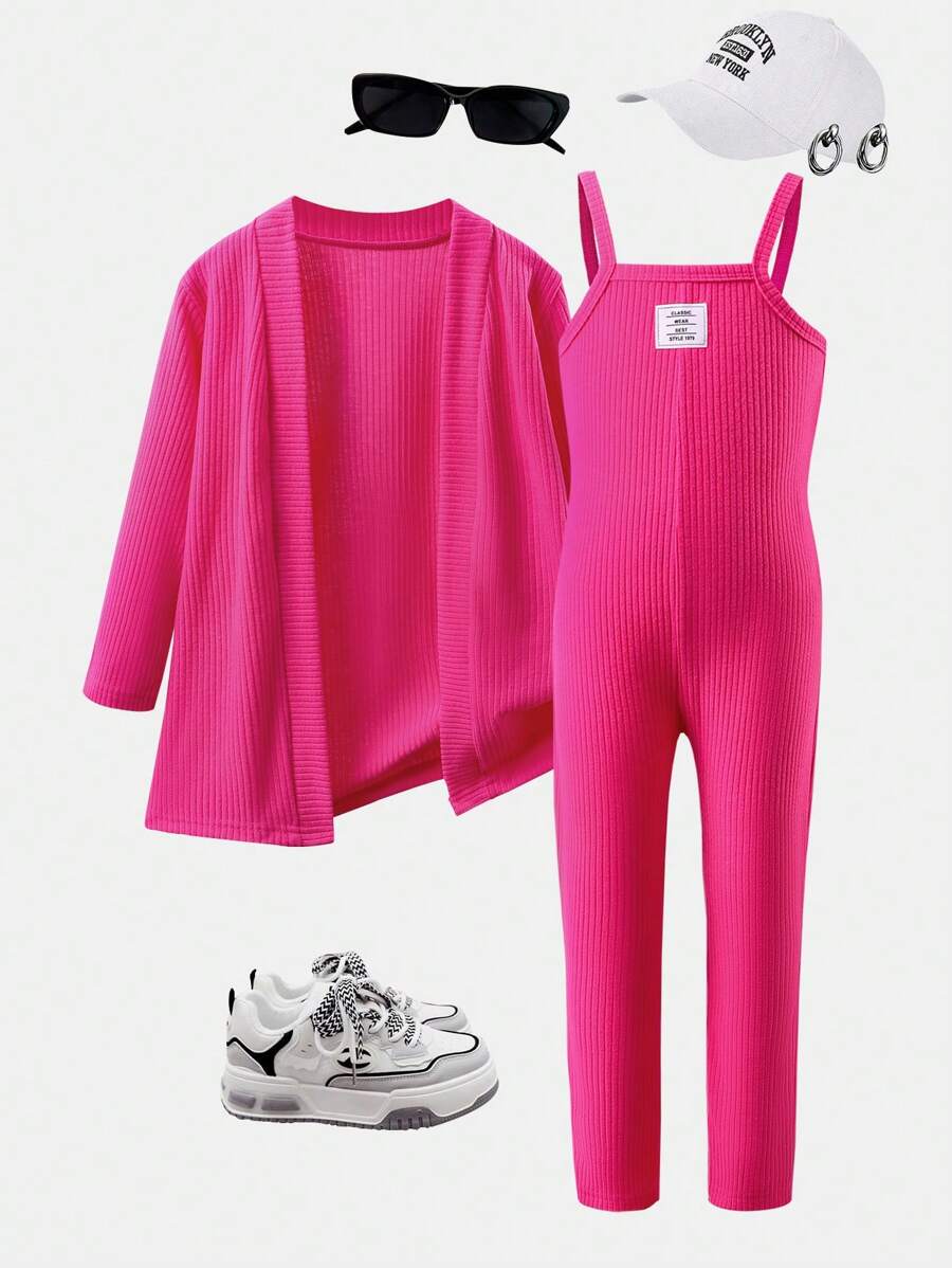 2 Pcs/Set Setelan Anak Perempuan Kreatif Lucu Kasual Warna Polos Cardigan Mantel Panjang + Celana Jumpsuit - Hot Pink - View 1