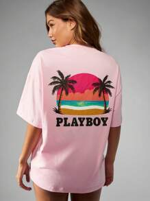 Missguided x Playboy Retro Beach Scene Graphic T-Shirt Oversized Summer Casual Holiday Palm Print Lounge Tee Vacation Paradise Sunset Design
