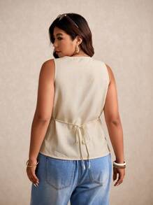 Elaquor Plus Size Women's Square Neck Sleeveless Button Decor Blouse - Apricot - View 2