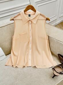 Flirla Camisa plus size de cor sólida com bolso frontal e botões, carcela, casual de verão, sem mangas - Damasco - Ver 4