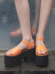 Sugerpunk Women's Open Toe Thick Heel Strap Mules, Simple Casual Summer Shoes, Fashionable Ankle Strap Platform High Heels - Orange - View 4