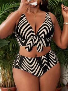 Slaydiva Plus Size Women Summer Beach Vacation Outfit, Random Print Wide Strap V Neck Bow Top With High Waist Pants Set - Multicolor - View 5