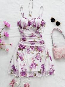Soleia 网眼玫瑰花卉印花褶饰露背迷你吊带连衣裙，假期约会情人节下午茶上衣，春夏