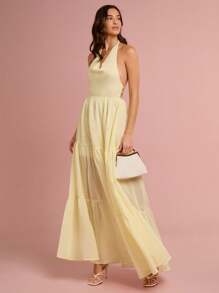 Enchnt Váy maxi công chúa hở lưng màu vàng pastel lãng mạn mùa xuân/hè dành cho nữ, ngọt ngào, thanh lịch và gợi cảm cho kỳ nghỉ, ngày lễ, tiệc tùng, lễ tốt nghiệp và khách dự tiệc cưới, bãi biển, váy dạ hội, váy mùa hè cho nữ, váy chống nắng cho nữ, quần áo mùa hè, váy thanh lịch cho tiệc tùng - Màu vàng - Xem 5