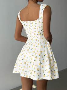 Aloruh 女式樱桃印花方领迷你连衣裙，时尚夏季 - 黃色 - 查看 2