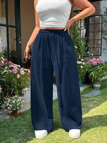 SHEIN EZwear Quần ống rộng cotton họa tiết kẻ sọc mùa hè cỡ lớn cho nữ, quần ống rộng có dây rút, thắt eo, thích hợp cho kỳ nghỉ - Màu xanh lam - Xem 7