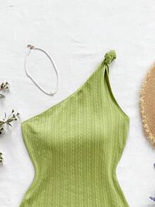 Soleia 2 Stücke/Set Damen Lässig einfarbiges asymmetrisches Top und Shorts Set, Urlaubsstil - Grün - Übersicht 3