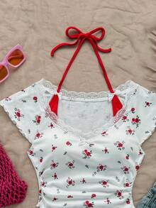 Soleia T-shirt casual d'été style ballerine femme 2 en 1 avec col, garniture de dentelle à fleurs blanches et rouges vintage et décoration nœud contrastante - Rouge et Blanc - Voir 8