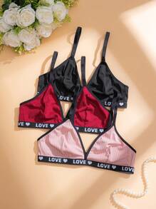 SHEIN 3pcs Letter Print Wireless Push Up Triangle Brassiere Bras For Women Without Padding For Everyday Wear Casual - Multicolor - View 7
