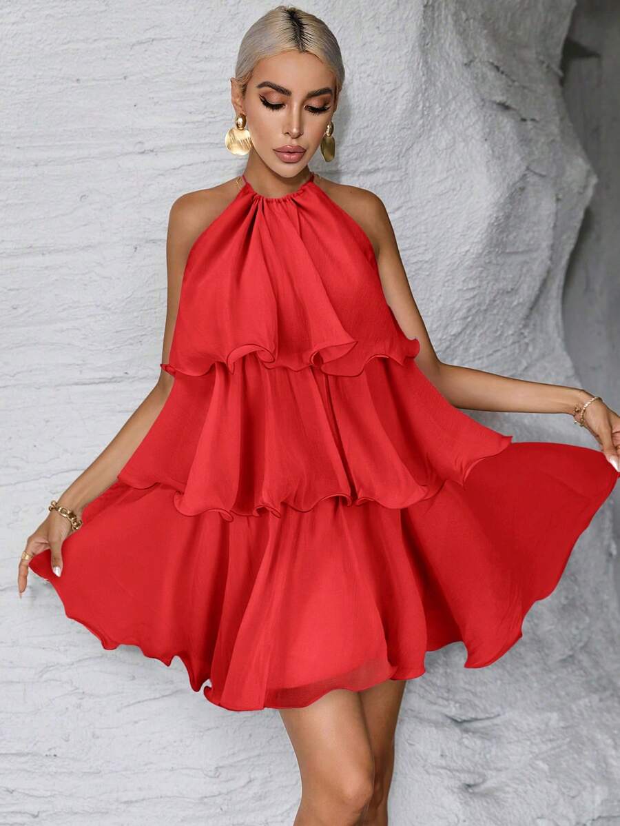 Firerie فستان أنثوي بلون واحد بسيط مكرطم و بدون حمالات - الأحمر - مشاهدة 1