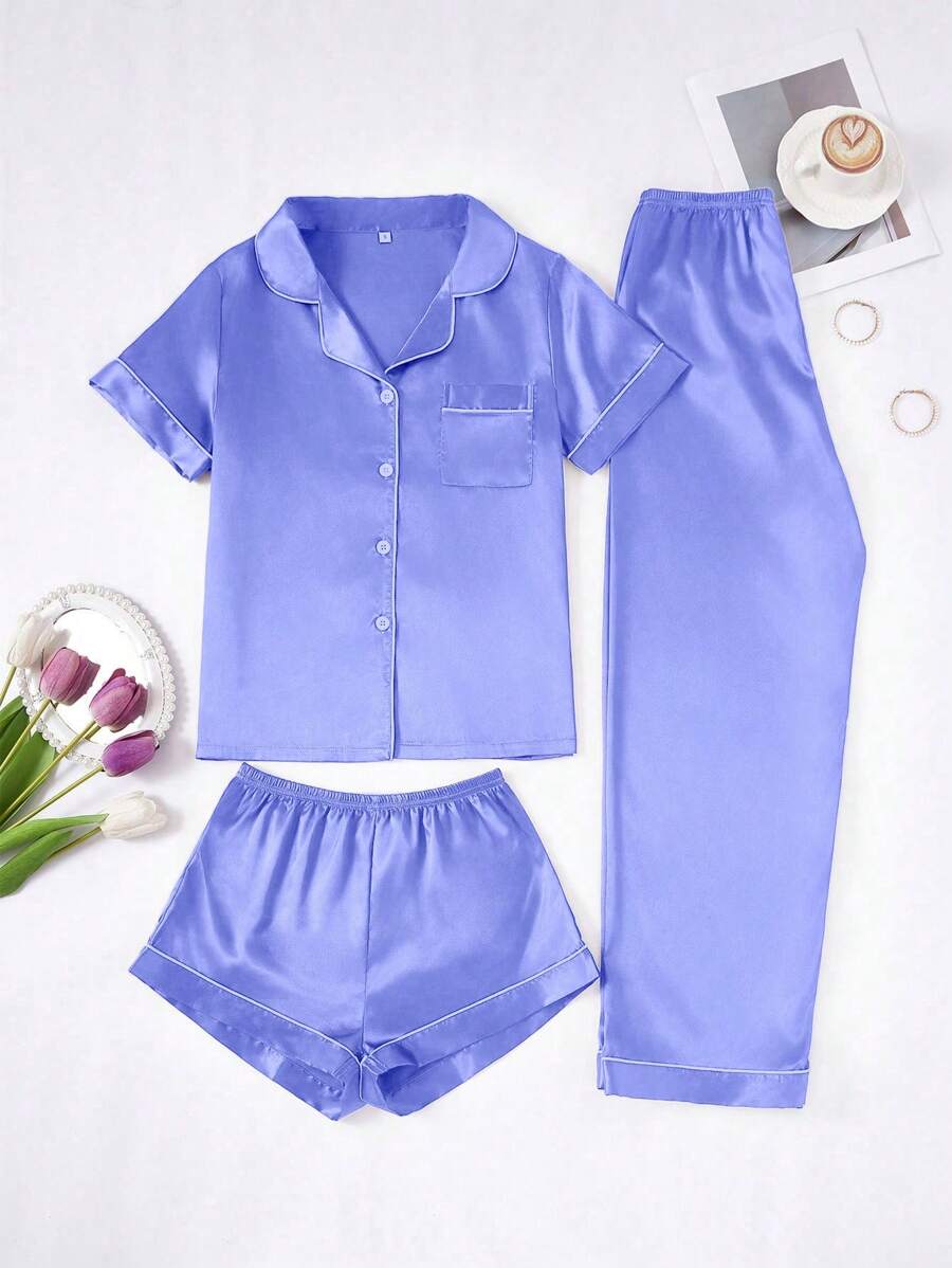 3 PiecesWomen's Contrast Trim Solid Color Faux Silk Pajama Set - Dusty Blue - View 1