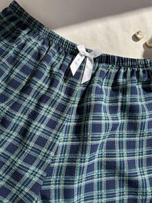 SHEIN Plus Size Blue Plaid Printed Bow Decor Sleepwear Shorts