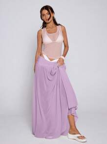 MUSERA Chân váy maxi voan dáng rộng cạp thấp phong cách Boho, thích hợp cho kỳ nghỉ hè ở Ibiza, lễ Phục sinh. - Màu tím hoa cà - Xem 3