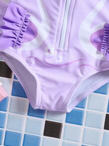Purple Cute Newborn Baby Girl One-Piece Swimsuit,Swan Print Bow Decor Zipper Front Infant Swimming Suit For Summer Vacation Holiday - Purple - View 5