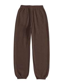 SHEIN BASICS Women's Loose Fit Solid Color Knitted Casual Jogger Pants With Pockets - Brown - View 2
