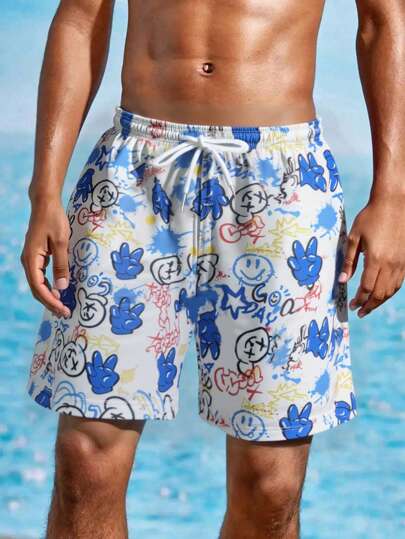 Men's Random Print Casual Holiday Beach Shorts For Summer, Hawaiian
