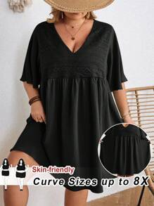 SHEIN CURVE+ Plus Size Vacation Casual Solid Color Lace Patchwork Dress,Summer Dresses For Women,Flowy Dress - Black - View 1