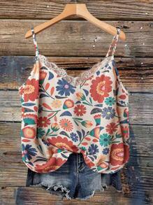 SHEIN VCAY 加大码女式花卉印花无袖 V 领荷叶边宽松休闲上衣，西式泳池派对椰子女孩夏季波西米亚风时尚波西米亚风格女士早午餐女士机场女士海滩度假城市休闲假期女士西部装女士加大码欧洲夏季海岛度假蜜月女士老钱女士夏季女士夏季衬衫夏季女士上衣蕾丝上衣 - 杏色 - 查看 1