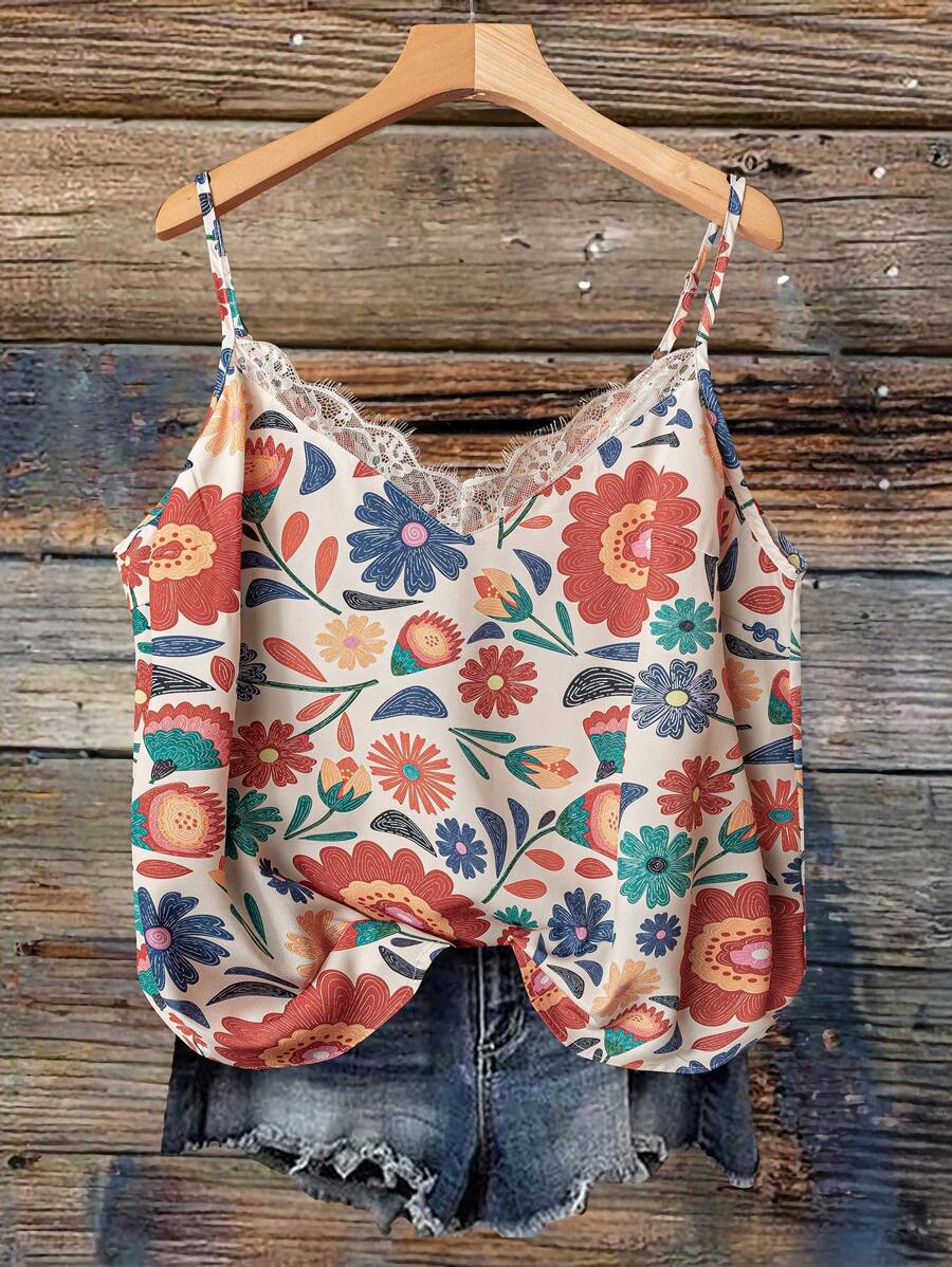 SHEIN VCAY 加大码女式花卉印花无袖 V 领荷叶边宽松休闲上衣，西式泳池派对椰子女孩夏季波西米亚风时尚波西米亚风格女士早午餐女士机场女士海滩度假城市休闲假期女士西部装女士加大码欧洲夏季海岛度假蜜月女士老钱女士夏季女士夏季衬衫夏季女士上衣蕾丝上衣 - 杏色 - 查看 1