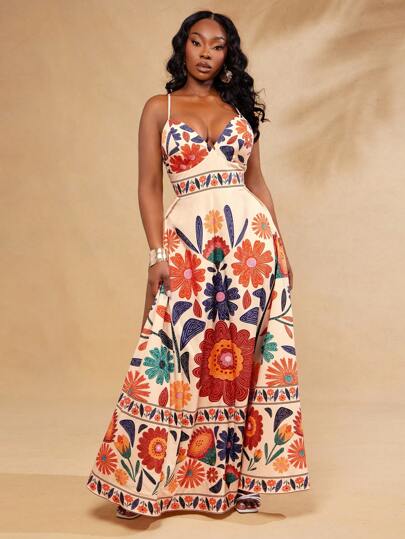 SHEIN SXY 大码女式春夏优雅性感花卉植物印花图腾图案挂脖 V 领开衩 A 字型摆裙，适合日常穿着