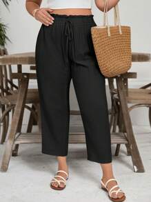 SHEIN VCAY Quần Capri vải lanh cỡ lớn dành cho nữ, Mùa hè, Bãi biển, Phong cách Boho, Bohemian - màu đen - Xem 5