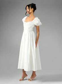 MISSGUIDED Cottage Core 泡泡袖中长连衣裙方领褶饰紧身胸衣茶会草原夏季婚礼宾客招待会伴娘花园派对复活节 - 白色 - 查看 4