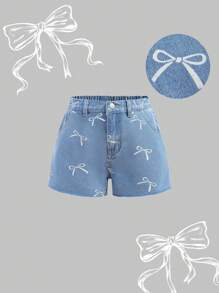 SHEIN Girlism Y2K Tween Girl's Spring And Summer New Sweet Girl Bowknot Print Casual Versatile Baggy Denim Jeans Shorts With Raw Hem,Spring Summer Vacation Beach Outfits Fashion Outfits,Summer Concert Festival Casual Rave Outfits, Girls Summer Brunch Church Graduation Outfits