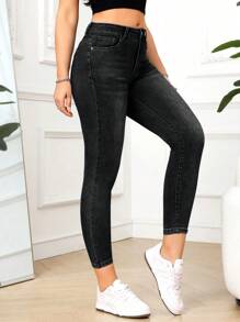 SHEIN PETITE Women's Plain Simple Casual Denim Jeans