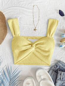 Soleia 女士蓝色针织金属线扭纹前部甜心领露背短款度假上衣 - 芥末黃 - 查看 3