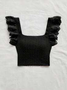 Soleia 女士优雅针织荷叶边拼接度假短款上衣 - 黑色 - 查看 6