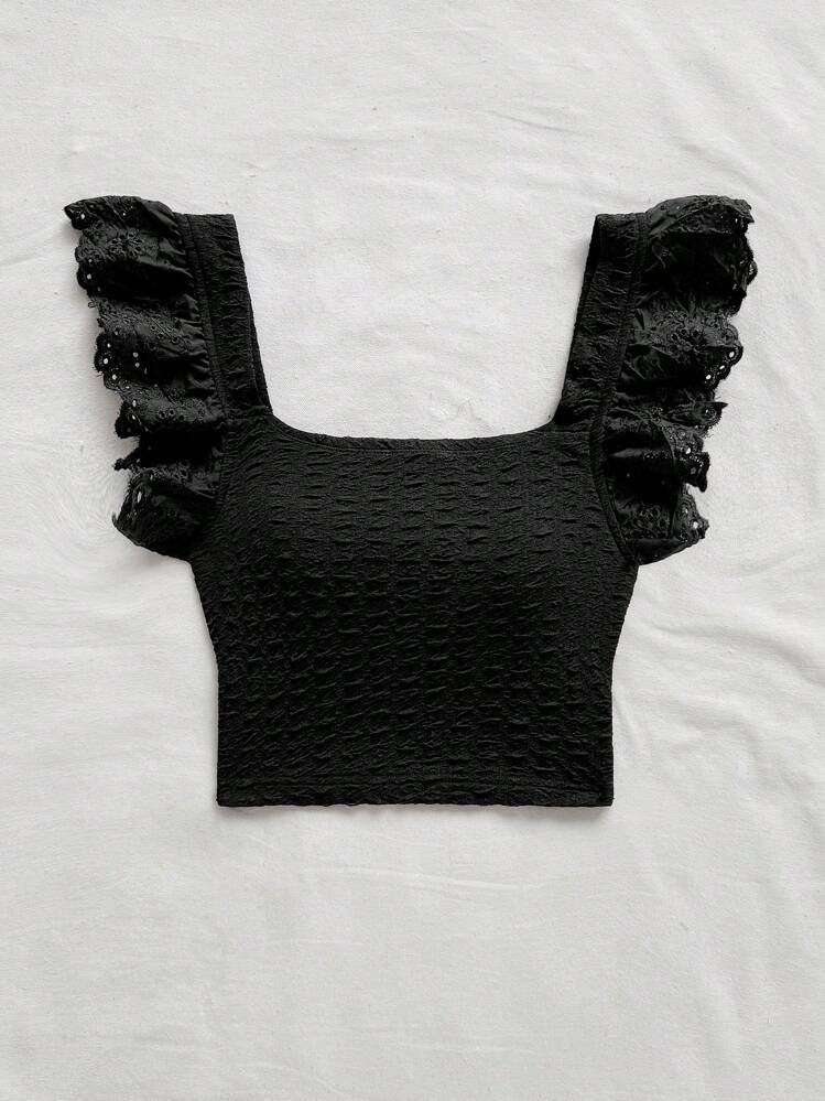 Soleia 女士优雅针织荷叶边拼接度假短款上衣 - 黑色 - 查看 6