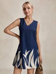 Wildy 女士植物圖案V領無袖連衣裙