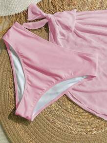 SHEIN 少女三件套白色比基尼沙滩泳装套装 - 粉色 - 查看 4