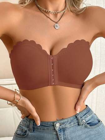 2 件装多色女士内衣无肩带文胸，前扣荷叶边聚拢文胸，带可拆卸胸垫