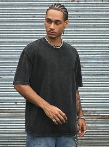 AXEPEAK Camiseta de manga corta con cuello redondo de hombre holgada y de punto en estilo sencillo y desgarrado, para amigos, moda, salir, verano, estilo urbano