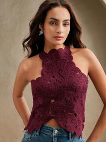 Anewsta 性感优雅不对称下摆钩针吊带背心，情人节适用，女士沙滩度假装，夏季，春季，海滩，度假装 - 酒紅色 - 查看 5