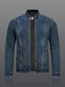 Manfinity Homme Men's Biker-Style Zip-Up Denim Jacket With Collar Jeans Jacket For Men