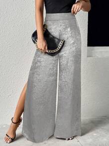 SHEIN LUNE Quần nữ màu vàng ánh kim xẻ tà bên hông, kiểu dáng thường ngày, thích hợp cho công sở. - Bạc - Xem 3