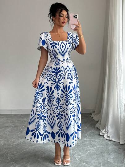 Chiquease Women's Puff Sleeve Waist-Cinching Long Dress