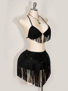SHEIN ICON Plus Size Women Sexy Fringe Crisscross Back Halter Bra Top